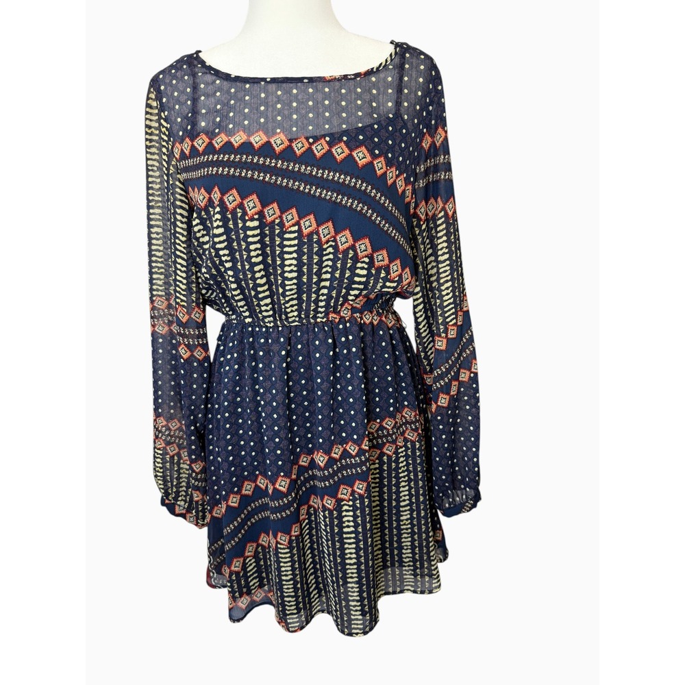 Red Camel Women's L Navy Boho Geometric Chiffon Dress Long Sleeve Blouson